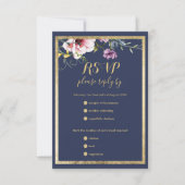 ネイビーエレガントブルー金ゴールドピンクフローラ結婚式RSVP 出欠カード (正面)