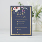 ネイビーエレガントブルー金ゴールドピンクフローラ結婚式RSVP 出欠カード (スタンド正面)