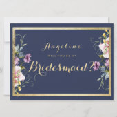 ネイビーエレガントブルー金ゴールドピンクフローラ花嫁 招待状 (正面)