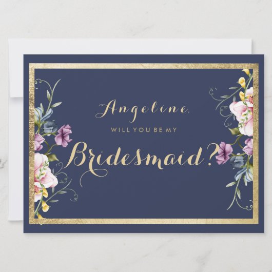 ネイビーエレガントブルー金ゴールドピンクフローラ花嫁 招待状 (正面)