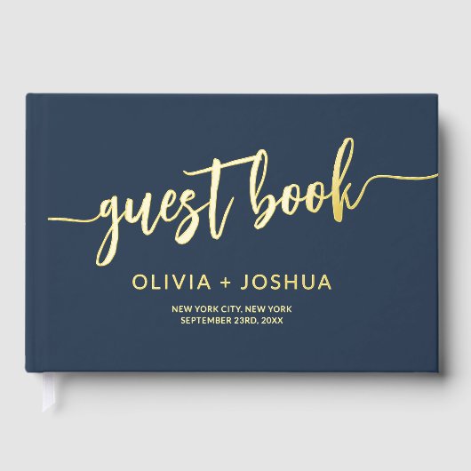 ネイビーエレガントブルー金ゴールドフォトミニマリストスクリプト ゲストブック (正面)