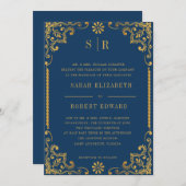 ネイビーエレガントブルー金ゴールドフレームリハーサルディナー 招待状 (正面/裏面)