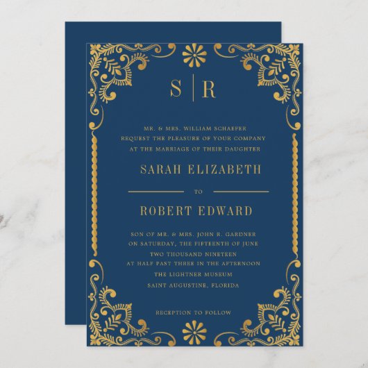 ネイビーエレガントブルー金ゴールドフレームリハーサルディナー 招待状 (正面/裏面)
