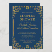 ネイビーエレガントブルー金ゴールドフレーム婚約パーティ 招待状 (正面/裏面)