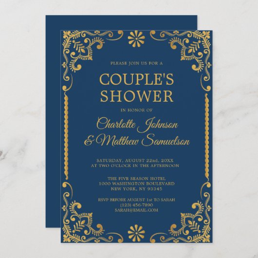 ネイビーエレガントブルー金ゴールドフレーム婚約パーティ 招待状 (正面/裏面)