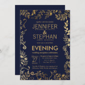 ネイビーエレガントブルー金ゴールドフローラ披露宴 招待状 (正面/裏面)