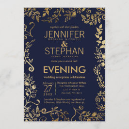 ネイビーエレガントブルー金ゴールドフローラ披露宴 招待状