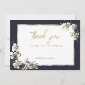 ネイビーエレガントブルー金ゴールドホワイトオーキッドありがとう 招待状 (正面)