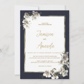 ネイビーエレガントブルー金ゴールドホワイトオーキッド結婚フローラ 招待状 (正面)