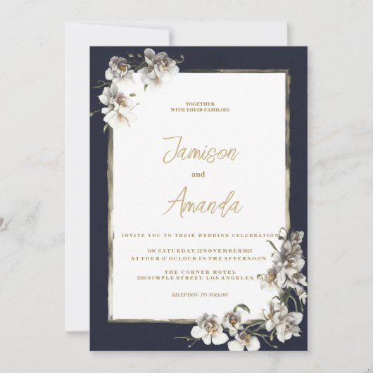ネイビーエレガントブルー金ゴールドホワイトオーキッド結婚フローラ 招待状 (正面)