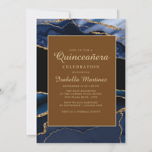 ネイビーエレガントブルー金ゴールドマーブルアゲートキンセアニラ 招待状 (正面)