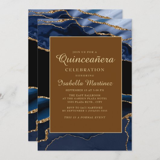 ネイビーエレガントブルー金ゴールドマーブルアゲートキンセアニラ 招待状 (正面/裏面)