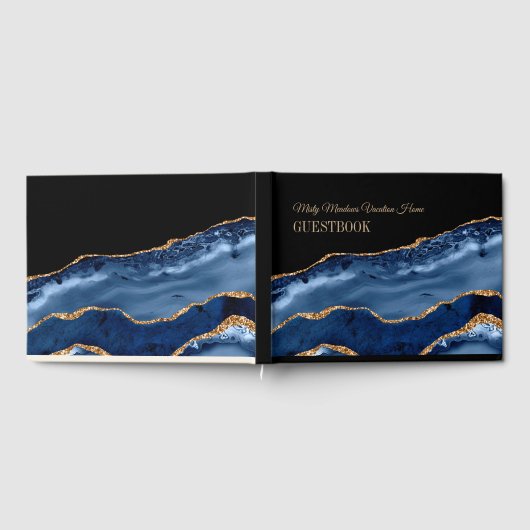 ネイビーエレガントブルー金ゴールドマーブルバケーションレンタル ゲストブック (全面)