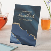 ネイビーエレガントブルー金ゴールドマーブル結婚ズゲストブック 台座サイン (インサイチュ)