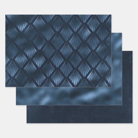 ネイビーエレガントブルー金ゴールドメタリックアールデコ ラッピングペーパーシート (セット)