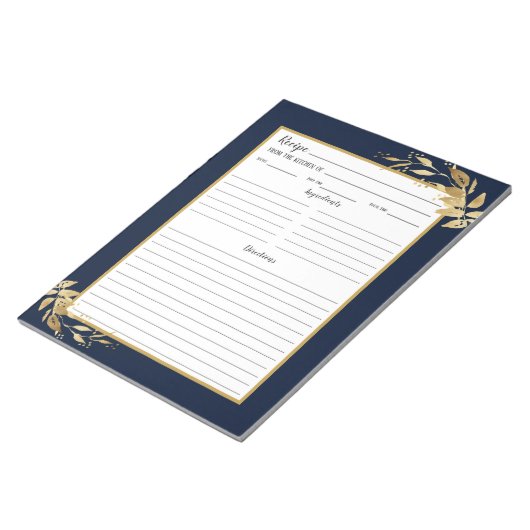 ネイビーエレガントブルー金ゴールドリーフレシピメモ帳 ノートパッド (アングル)