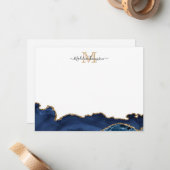 ネイビーエレガントブルー金ゴールド大理石アゲートモノグラム ノートカード (正面/裏面インサイチュ)