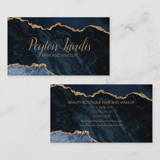 ネイビーエレガントブルー金ゴールド大理石ヘアメイクアップ 名刺 (正面/裏面)