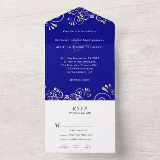 ネイビーエレガントブルー金ゴールド旋回結婚ズ オールインワン招待状 (内側)