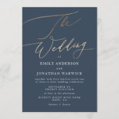 ネイビーエレガントブルー金ゴールド結婚ズ 招待状 (正面)