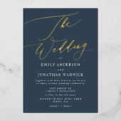 ネイビーエレガントブルー金ゴールド結婚ズ 箔招待状 (正面)