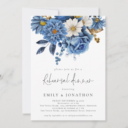 ネイビーエレガントブルー金ゴールド花模様リハーサルディナー 招待状 (正面)