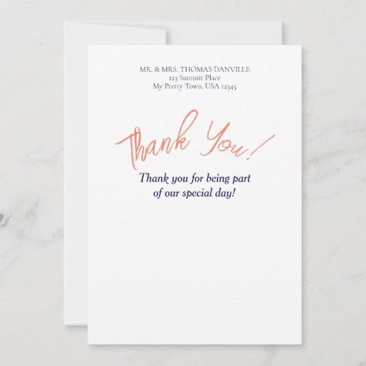 ネイビーエレガントブルー銅バラ結婚金ゴールドの写真 サンキューカード (裏面)