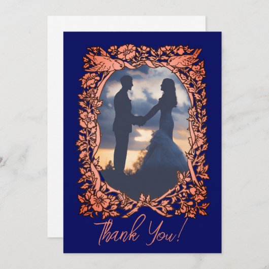 ネイビーエレガントブルー銅バラ結婚金ゴールドの写真 サンキューカード (正面/裏面)