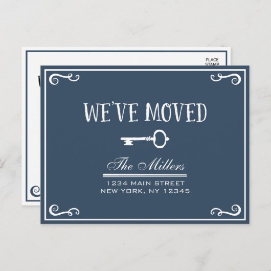 ネイビーエレガントブルー鍵の移動発表 案内ポストカード (正面/裏面)