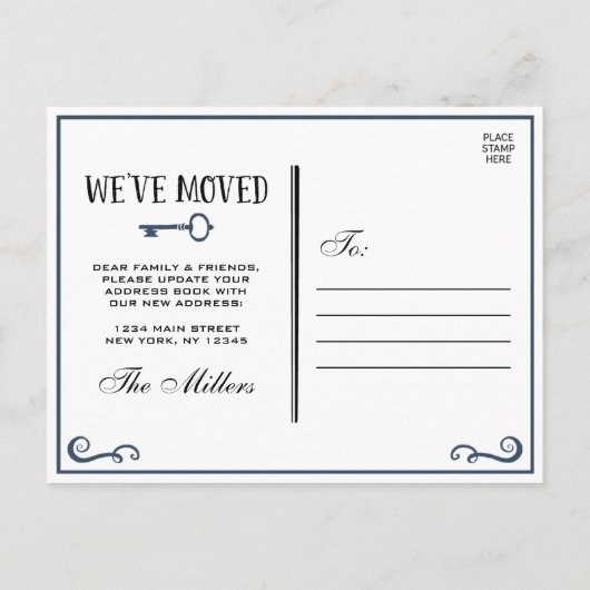 ネイビーエレガントブルー鍵の移動発表 案内ポストカード (裏面)