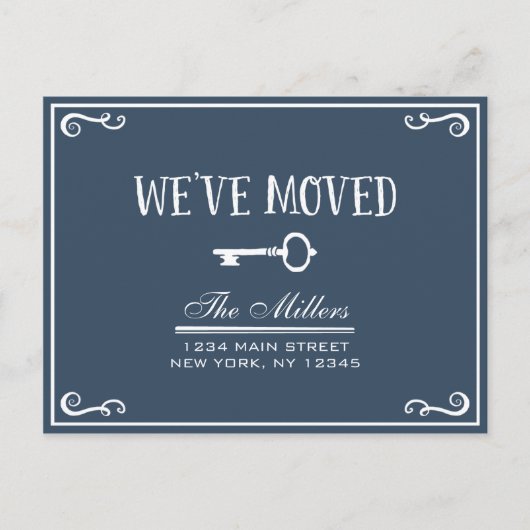 ネイビーエレガントブルー鍵の移動発表 案内ポストカード (正面)