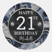 ネイビーエレガントブルー&シルバーグリッターアゲート誕生日 ラウンドシール (正面)