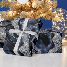 ネイビーエレガントブルー&シルバーグリッターアゲート誕生日 ラッピングペーパー