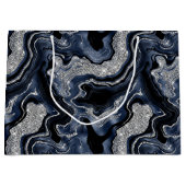 ネイビーエレガントブルー&シルバーグリッターアゲート誕生日 ラージペーパーバッグ (正面)