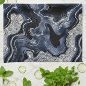 ネイビーエレガントブルー&シルバーグリッター瑪瑙パターン キッチンタオル (折り畳み)