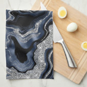 ネイビーエレガントブルー&シルバーグリッター瑪瑙パターン キッチンタオル (四つ折り)