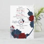 ネイビーエレガントブルー&ブルゴーニュ赤結婚い花 招待状 (スタンド正面)