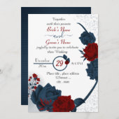 ネイビーエレガントブルー&ブルゴーニュ赤結婚い花 招待状 (正面/裏面)