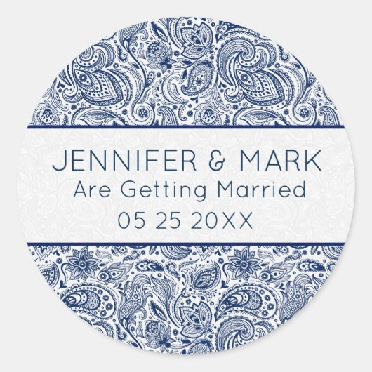 ネイビーエレガントブルー&ホワイトフローラペイズリーレース ラウンドシール (正面)
