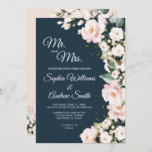 ネイビーエレガントブルー&赤面バラ花結婚の 招待状 (正面/裏面)