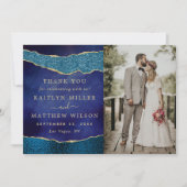 ネイビーエレガントブルー&金ゴールドアゲート結婚の写真 サンキューカード (正面)