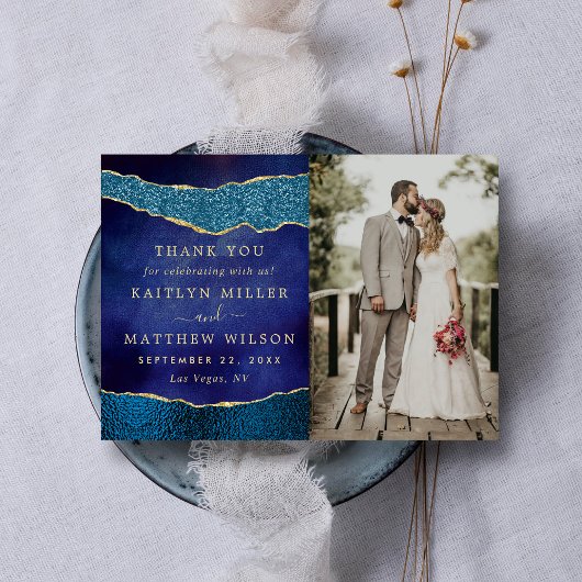 ネイビーエレガントブルー&金ゴールドアゲート結婚の写真 サンキューカード