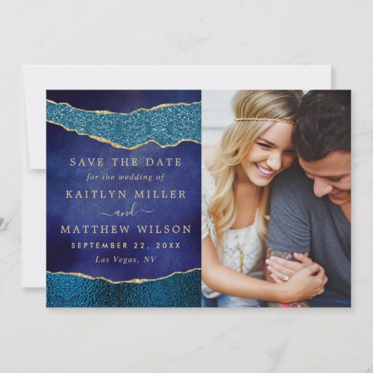 ネイビーエレガントブルー&金ゴールドアゲート結婚の写真 セーブザデート (正面)