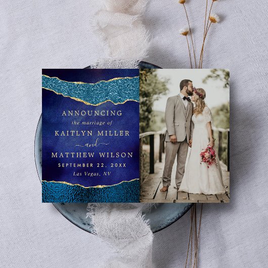 ネイビーエレガントブルー&金ゴールドアゲート結婚の写真 案内状