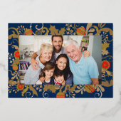 ネイビーエレガントブルー&金ゴールドカスタムフォトクリスマス 箔シーズンカード (正面)