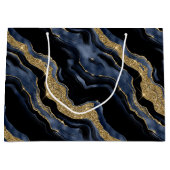 ネイビーエレガントブルー&金ゴールドグリッターアゲート誕生日 ラージペーパーバッグ (正面)