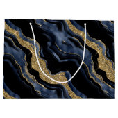 ネイビーエレガントブルー&金ゴールドグリッターアゲート誕生日 ラージペーパーバッグ (裏面)