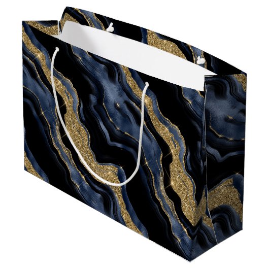 ネイビーエレガントブルー&金ゴールドグリッターアゲート誕生日 ラージペーパーバッグ (裏面アングル)