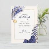 ネイビーエレガントブルー&金ゴールドビーチトロピカルクリスマス シーズンカード (スタンド正面)