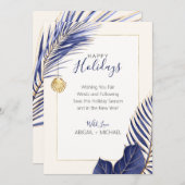 ネイビーエレガントブルー&金ゴールドビーチトロピカルクリスマス シーズンカード (正面/裏面)
